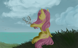 Size: 3200x2000 | Tagged: safe, artist:taika403, character:fluttershy, species:pegasus, species:pony, cloud, eyes closed, facing away, female, folded wings, grass, hoof hold, mare, ocean, outdoors, peaceful, scenery, sitting, sky, solo, stick, twig, wind, windswept mane, wings