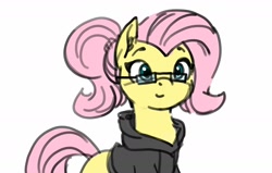 Size: 2000x1275 | Tagged: safe, artist:vanillaghosties, character:fluttershy, species:pony, adorkable, alternate hairstyle, clothing, cute, dork, female, glasses, hoodie, mare, ponytail, shyabetes, simple background, solo, white background