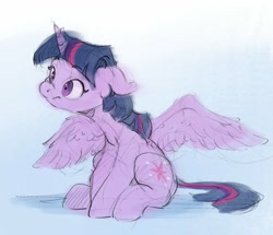 Size: 1527x1311 | Tagged: safe, artist:vanillaghosties, character:twilight sparkle, character:twilight sparkle (alicorn), species:alicorn, species:pony, colored sketch, cute, female, floppy ears, mare, sitting, solo, spread wings, twiabetes, wings