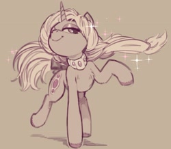 Size: 2039x1775 | Tagged: safe, artist:napalm express, oc, oc only, species:pony, species:unicorn, brown background, chest fluff, female, jewelry, looking at you, mare, monochrome, necklace, simple background, solo, sparkles