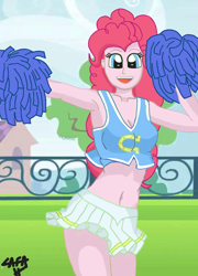 Size: 778x1083 | Tagged: safe, artist:cafakero, character:pinkie pie, my little pony:equestria girls, armpits, belly button, breasts, cheerleader, cheerleader outfit, cheerleading, cleavage, clothing, cute, diapinkes, female, midriff, short skirt, skirt, solo, sports bra, tank top