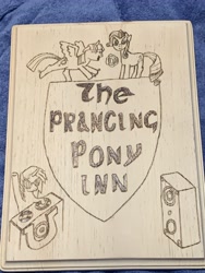 Size: 3024x4032 | Tagged: safe, artist:short tale, character:dj pon-3, character:rarity, character:twilight sparkle, character:vinyl scratch, species:pony, species:unicorn, cider, crossover, dancing, lord of the rings, musical instrument, parody, pyrography, sign, smiling, smiling at you, tavern, the prancing pony, traditional art