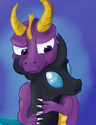 Size: 427x556 | Tagged: safe, artist:paracompact, oc, oc:steel crescent, species:changeling, species:dragon, crossover, duo, embrace, gay, looking at each other, male, male x male, shipping, spyro the dragon