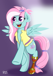 Size: 2100x3000 | Tagged: safe, artist:thunder chaser, character:kerfuffle, species:pegasus, species:pony, friendship is magic: rainbow roadtrip, g4, my little pony: friendship is magic, amputee, belt, chest fluff, clothing, cute, ear fluff, female, fufflebetes, happy, open mouth, prosthetic limb, prosthetics, simple background, solo, spread wings, vest, wings