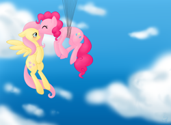 Size: 1260x920 | Tagged: safe, artist:sorckylo, character:fluttershy, character:pinkie pie, species:earth pony, species:pegasus, species:pony, ship:flutterpie, g4, balloon, cloud, female, floating, flying, lesbian, mare, shipping, sky, then watch her balloons lift her up to the sky