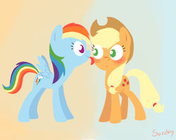Size: 750x600 | Tagged: safe, artist:sorckylo, character:applejack, character:rainbow dash, species:earth pony, species:pegasus, species:pony, ship:appledash, blushing, female, gradient background, lesbian, licking, mare, shipping