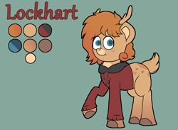 Size: 1363x998 | Tagged: safe, artist:retro_hearts, oc, oc only, oc:lockhart, species:deer, species:pony, blue eyes, clothing, cute, deer oc, freckles, hoodie, male, original species, outline, reference sheet, simple background, smiling, solo