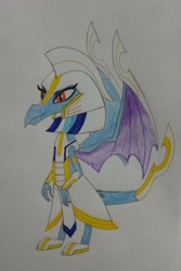 Size: 2744x4103 | Tagged: safe, artist:bsw421, character:princess ember, species:dragon, clothing, egyptian, female, khopesh, solo, sword, traditional art, uniform, weapon