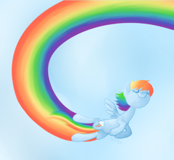 Size: 800x736 | Tagged: safe, artist:sorckylo, character:rainbow dash, species:pegasus, species:pony, g4, eyes closed, female, flying, happy, mare, rainbow, sky, solo