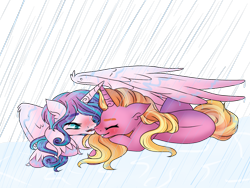 Size: 2048x1536 | Tagged: safe, artist:twinklecometyt, character:luster dawn, character:princess flurry heart, species:alicorn, species:pony, species:unicorn, ship:flurrydawn, alternate hairstyle, blushing, cute, eyes closed, female, flurrybetes, grin, lesbian, lusterbetes, mare, older, older flurry heart, open mouth, prone, rain, shipping, simple background, smiling, spread wings, transparent background, unshorn fetlocks, wet, wet mane, wing shelter, wing umbrella, wings