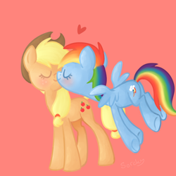 Size: 750x750 | Tagged: safe, artist:sorckylo, character:applejack, character:rainbow dash, species:earth pony, species:pegasus, species:pony, ship:appledash, g4, blushing, female, heart, kissing, lesbian, mare, shipping, simple background