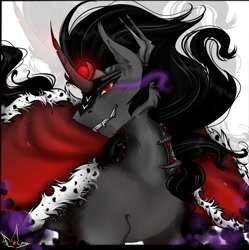 Size: 1458x1463 | Tagged: safe, artist:martazap3, character:king sombra, species:pony, species:unicorn, cape, clothing, crown, dark magic, horn, jewelry, magic, male, regalia, solo, sombra eyes, strong, zoom layer