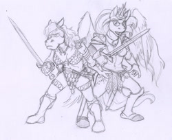 Size: 688x562 | Tagged: safe, artist:rabbi-tom, character:princess luna, oc, oc:red shetland, species:alicorn, species:anthro, species:earth pony, species:plantigrade anthro, species:pony, armor, barbarian, black and white, chainmail bikini, crown, cutie mark, grayscale, horn, jewelry, loincloth, monochrome, red shetland, regalia, simple background, sword, traditional art, unconvincing armor, weapon, white background, wings