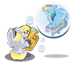 Size: 1280x1056 | Tagged: safe, artist:kiwi4578, character:derpy hooves, character:rainbow dash, species:pegasus, species:pony, bubble, duo, in bubble, musical instrument, simple background, transparent background, tuba
