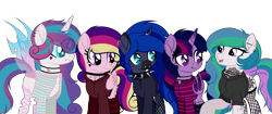 Size: 3500x1466 | Tagged: safe, artist:angelina-pax, oc, oc only, oc:angsty emocore, oc:clausa vera, oc:misanthropy melody, oc:myringa, oc:soprano shadow, species:alicorn, species:bat pony, species:changeling, species:earth pony, species:pegasus, species:pony, species:unicorn, alicorn oc, band, bat pony alicorn, bat pony oc, bat wings, changeling oc, chinese, choker, clothing, curved horn, fangs, female, fishnets, flannel, heart, hoodie, horn, horn ring, jewelry, lip piercing, look-alike, markings, messy mane, multicolored hair, necklace, nose piercing, nose ring, not cadance, not celestia, not flurry heart, not luna, not twilight sparkle, piercing, raised hoof, siblings, simple background, sisters, socks, spiked choker, striped socks, tattoo, transparent background, vampire, wall of tags, wing piercing, wings, wristband, ych result
