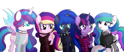 Size: 3500x1466 | Tagged: safe, alternate version, artist:angelina-pax, oc, oc only, oc:angsty emocore, oc:clausa vera, oc:misanthropy melody, oc:myringa, oc:soprano shadow, species:alicorn, species:bat pony, species:changeling, species:earth pony, species:pegasus, species:pony, species:unicorn, alicorn oc, band, bat pony alicorn, bat pony oc, bat wings, changeling oc, chinese, choker, clothing, curved horn, fangs, female, fishnets, flannel, heart, hoodie, horn, horn ring, jewelry, lip piercing, look-alike, markings, messy mane, multicolored hair, necklace, nose piercing, nose ring, not cadance, not celestia, not flurry heart, not luna, not twilight sparkle, piercing, raised hoof, siblings, simple background, sisters, socks, spiked choker, striped socks, tattoo, transparent background, vampire, wall of tags, wing piercing, wings, wristband, ych result