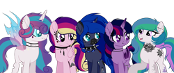 Size: 3500x1466 | Tagged: safe, alternate version, artist:angelina-pax, oc, oc only, oc:angsty emocore, oc:clausa vera, oc:misanthropy melody, oc:myringa, oc:soprano shadow, species:alicorn, species:bat pony, species:changeling, species:earth pony, species:pegasus, species:pony, species:unicorn, alicorn oc, band, bat pony alicorn, bat pony oc, bat wings, changeling oc, chinese, choker, clothing, curved horn, fangs, female, heart, horn, horn ring, jewelry, lip piercing, look-alike, markings, messy mane, multicolored hair, necklace, nose piercing, nose ring, not cadance, not celestia, not flurry heart, not luna, not twilight sparkle, piercing, raised hoof, siblings, simple background, sisters, socks, spiked choker, tattoo, transparent background, vampire, wall of tags, wing piercing, wings, wristband, ych result