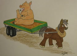 Size: 1280x932 | Tagged: safe, artist:rabbi-tom, oc, oc only, oc:vanier, species:earth pony, species:pony, commission, cutie mark, draft, male, pig, stallion, traditional art, trailer, trucker