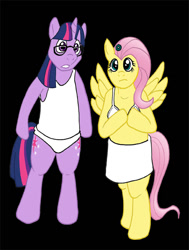 Size: 490x648 | Tagged: safe, artist:rabbi-tom, character:fluttershy, character:twilight sparkle, character:twilight sparkle (unicorn), species:pegasus, species:pony, species:unicorn, bipedal, brad majors, clothing, crossover, duo, female, janet weiss, mare, rocky horror picture show