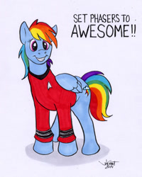 Size: 490x612 | Tagged: safe, artist:rabbi-tom, character:rainbow dash, species:pegasus, species:pony, clothing, cutie mark, female, mare, solo, star trek, star trek (tos), text, this will end in death, traditional art, uniform, wings