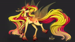 Size: 1920x1080 | Tagged: safe, artist:martazap3, character:sunset shimmer, species:alicorn, species:pony, species:unicorn, alicornified, female, floppy ears, gray background, horn, long ears, race swap, shimmercorn, simple background, solo, unshorn fetlocks, wings