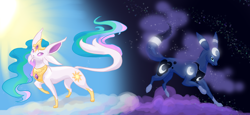 Size: 1960x900 | Tagged: safe, artist:bedupolker, character:princess celestia, character:princess luna, contrast, crossover, duality, duo, espeon, ethereal mane, female, galaxy mane, pokefied, pokémon, royal sisters, sisters, species swap, split sky, sun, umbreon