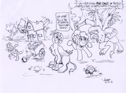 Size: 785x580 | Tagged: safe, artist:rabbi-tom, character:gabby, character:gilda, character:pinkie pie, species:earth pony, species:griffon, species:pony, dialogue, earthquake, female, house, mare, monochrome, speech bubble, tail, tail pull, text, traditional art, tree