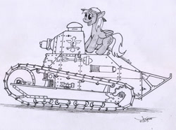 Size: 724x540 | Tagged: safe, artist:rabbi-tom, character:derpy hooves, species:pegasus, species:pony, clothing, commission, cutie mark, female, hat, mare, monochrome, renault, renault ft-17, simple background, tank (vehicle), traditional art, white background, wings, world war i