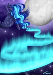 Size: 1024x1457 | Tagged: safe, artist:nuumia, character:princess luna, species:pony, aurora borealis, female, moon, solo