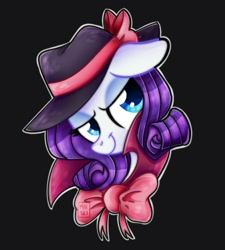 Size: 900x1000 | Tagged: safe, artist:heveagoodday, artist:meqiopeach, character:rarity, species:pony, episode:rarity investigates, g4, my little pony: friendship is magic, black background, bow, bust, clothing, detective rarity, female, floppy ears, hat, mare, portrait, simple background, solo