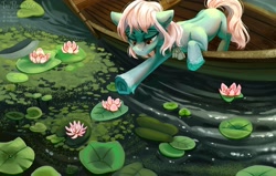 Size: 2840x1801 | Tagged: safe, artist:teaflower300, oc, oc only, species:earth pony, species:pony, boat, flower, lily pad, solo, water