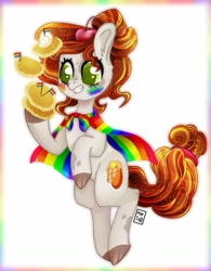 Size: 789x1013 | Tagged: safe, artist:heveagoodday, artist:meqiopeach, oc, oc only, species:earth pony, species:pony, blushing, cape, cherry, clothing, colorful, fluffy tail, food, freckles, gay pride flag, pancakes, pride, pride flag, raised hoof, solo