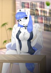 Size: 1400x2000 | Tagged: safe, artist:jerraldina, oc, oc only, oc:snow pup, species:anthro, species:pegasus, species:pony, bookshelf, breasts, clothing, collar, hat, holding paper, nurse hat, nurse outfit, sitting, table
