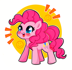 Size: 900x873 | Tagged: safe, artist:meqiopeach, character:pinkie pie, species:earth pony, species:pony, abstract background, balloon, blushing, cute, diapinkes, digital art, female, happy, paint, pink, puffy tail, simple background, smiling, solo, yellow