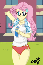Size: 692x1032 | Tagged: safe, artist:cafakero, character:fluttershy, my little pony:equestria girls, big breasts, breasts, busty fluttershy, clothing, shirt, sports panties, t-shirt, towel, water bottle
