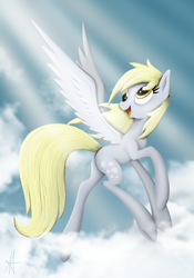 Size: 1692x2415 | Tagged: safe, artist:ardas91, character:derpy hooves, species:pegasus, species:pony, cloud, female, flying, happy, looking back, mare, sky, solo, sunshine