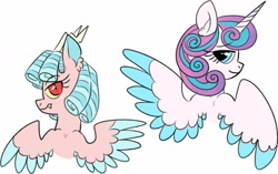 Size: 1280x806 | Tagged: safe, artist:ch0c0butt, character:cozy glow, character:princess flurry heart, parent:discord, parent:twilight sparkle, parents:discolight, species:alicorn, species:draconequus, species:pony, alternate universe, colored wings, colored wingtips, context in source, duo, horns, hybrid, interspecies offspring, looking at you, looking back, looking back at you, offspring, slit eyes, snaggletooth, time travel