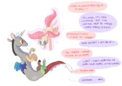 Size: 2072x1468 | Tagged: safe, artist:bokkitoki, character:discord, character:fluttershy, species:draconequus, species:pegasus, species:pony, dialogue, duo, female, gravity, mare, no pupils, open mouth, simple background, solo, speech bubble, spread wings, white background, wings, zero gravity