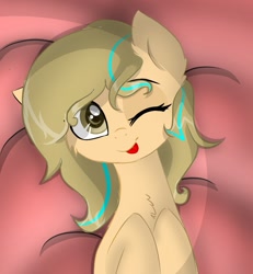 Size: 895x970 | Tagged: safe, artist:grithcourage, oc, oc only, oc:grith courage, species:earth pony, species:pony, adorable face, bed, bedroom eyes, blep, cute, eye contact, looking at each other, looking at you, solo, tongue out, trace