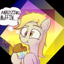 Size: 3000x3000 | Tagged: safe, artist:packy paca, character:derpy hooves, species:pony, abstract background, bust, eating, female, food, mare, muffin, simple background, solo, text, that pony sure does love muffins, thought bubble