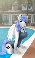 Size: 3000x5000 | Tagged: safe, artist:jerraldina, oc, oc only, oc:snow pup, species:anthro, species:pegasus, species:pony, g4, clothing, collar, cute, leaning, leaning forward, ocbetes, one eye closed, one-piece swimsuit, open-back swimsuit, poolside, swimsuit, wink, winking at you