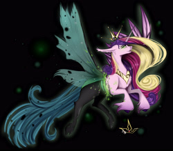Size: 4000x3500 | Tagged: safe, artist:martazap3, character:princess cadance, character:queen chrysalis, species:alicorn, species:changeling, species:pegasus, species:pony, species:unicorn, spoilers for another series, changeling queen, dark background, dark magic, female, horn, magic, solo, wings