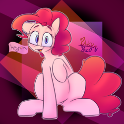 Size: 3500x3500 | Tagged: safe, artist:packy paca, character:pinkie pie, species:earth pony, species:pony, abstract background, female, heart, high res, looking at you, mare, sitting, solo, text