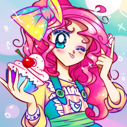 Size: 1000x1000 | Tagged: safe, artist:lelittleluna, character:pinkie pie, species:human, anime, apron, blep, blushing, bow, bust, clothing, cupcake, cute, diapinkes, female, food, frosting, hair bow, humanized, looking at you, nail polish, one eye closed, sailor moon, solo, tongue out, wink