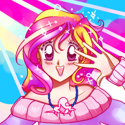 Size: 1000x1000 | Tagged: safe, artist:lelittleluna, character:princess cadance, species:human, anime, blushing, bust, clothing, cute, cutedance, female, humanized, jewelry, looking at you, necklace, off shoulder, off shoulder sweater, open mouth, sailor moon, solo, sweater