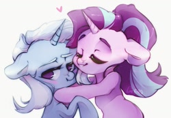 Size: 1227x850 | Tagged: safe, artist:angrygem, character:starlight glimmer, character:trixie, species:pony, species:unicorn, ship:startrix, blushing, cute, female, hug, lesbian, mare, shipping