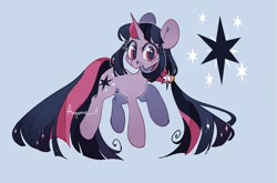 Size: 1280x846 | Tagged: safe, artist:frgtmenot_mind, character:twilight sparkle, character:twilight sparkle (unicorn), species:pony, species:unicorn, alternate hairstyle, blue background, cute, female, looking at you, mare, open mouth, side ponytail, simple background, solo, starry eyes, twiabetes, wingding eyes