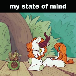 Size: 640x640 | Tagged: safe, artist:anotherdeadrat, edit, character:autumn blaze, species:kirin, awwtumn blaze, cute, female, looking at something, lying down, my state of mind, one eye closed, solo, wink