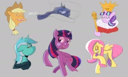 Size: 1784x1069 | Tagged: safe, artist:another_pony, character:applejack, character:fluttershy, character:lyra heartstrings, character:princess luna, character:starlight glimmer, character:twilight sparkle, character:twilight sparkle (alicorn), species:alicorn, species:earth pony, species:pegasus, species:pony, species:unicorn, bed, clothing, doodle, hoodie, scepter, sketch, sketch dump