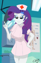 Size: 1445x2178 | Tagged: safe, artist:cafakero, character:rarity, my little pony:equestria girls, breasts, female, hairpin, nurse, nurse outfit, solo